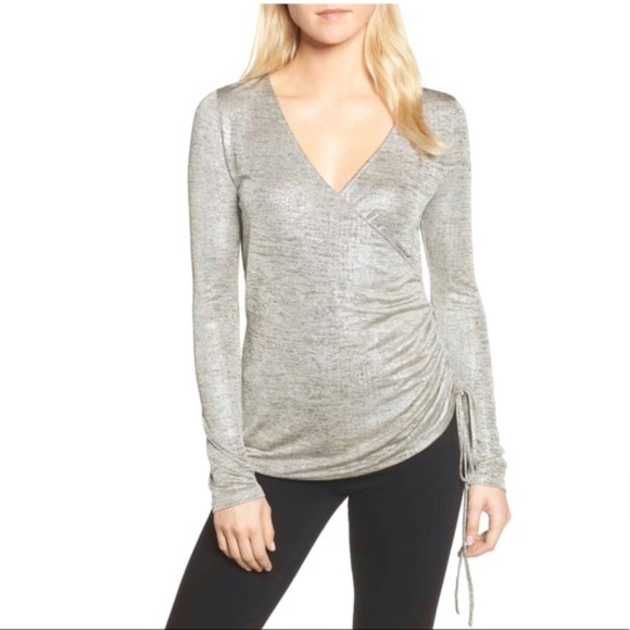 Trouve Metallic Silver Foil Ruched Surplice Top - Picture 1 of 7
